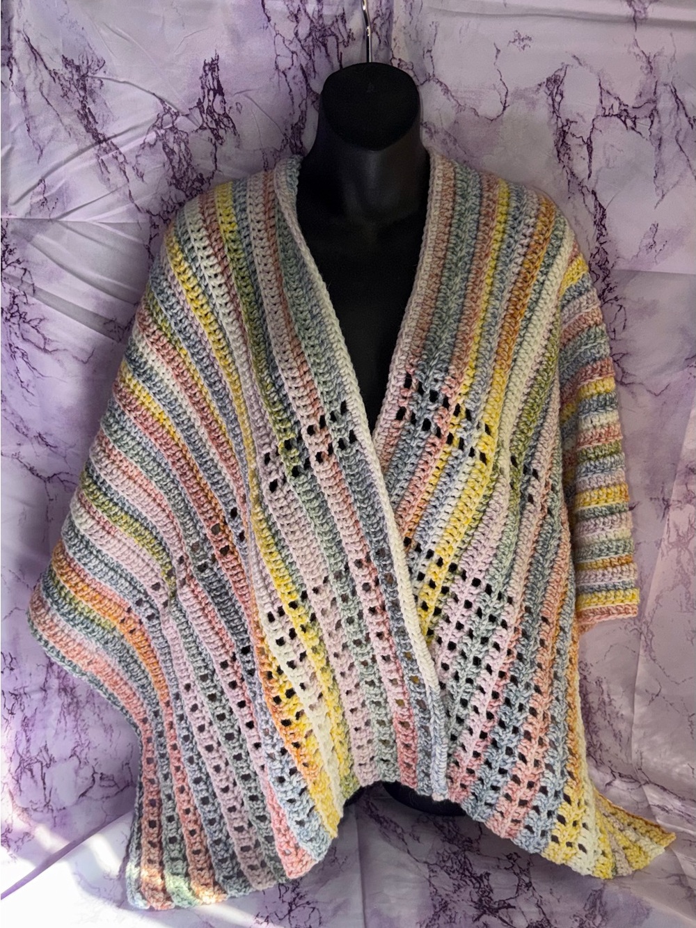 Pastel Striped Crochet Shawl Poncho - Multi Pastel Colors